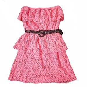 Rue 21 Pink Lace Overlay Braided Belted Strapless Ruffle Dress